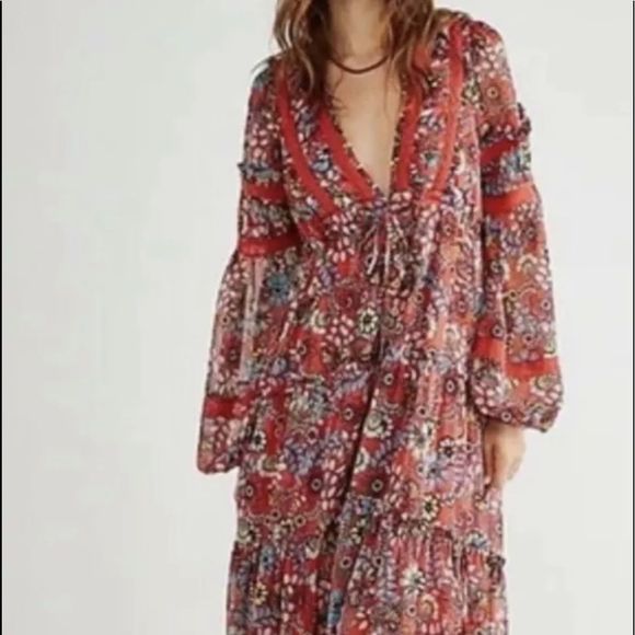 Free People Dresses & Skirts - Free People Cassis Printed Chiffon Dress Tiered LinedFloral Red Pink Blue Yellow